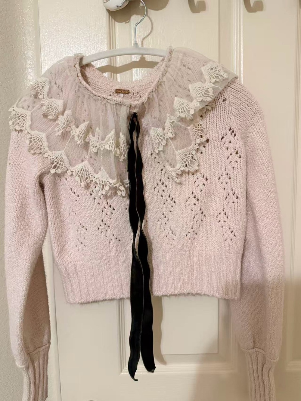 Free People Pale Pink Lace-Collar Knit Cardigan with Black Ribbon